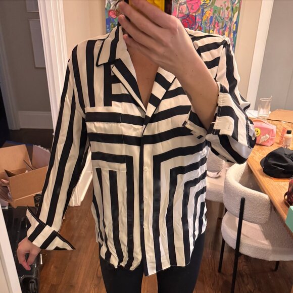 Frame Mixed Stripe Silk PJ Blouse Black Long Sleeve Button Front Size S - Picture 2 of 2